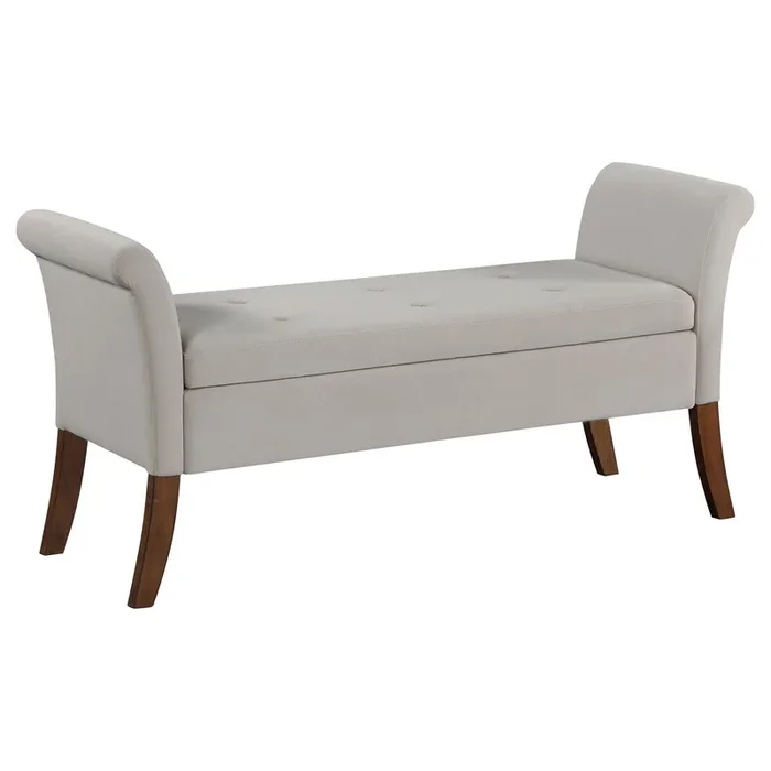Ako 52 Inch Storage Bench, Button Tufting, Flared Arms, Beige Upholstery – Benzara