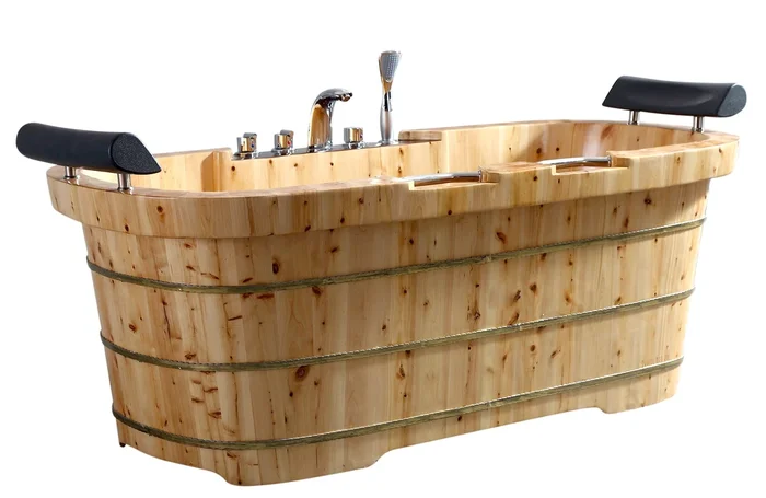 ALFI brand AB1130 65 ” 2 Person Free Standing Cedar Wooden Bathtub with Fixtures & Headrests