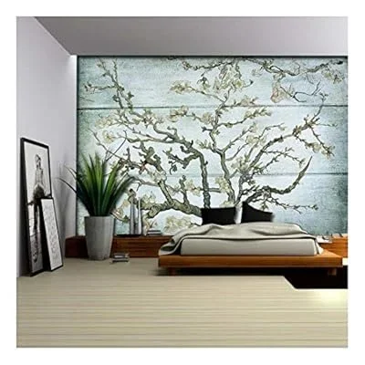 Almond Blossom Painting by Vincent Van Gogh on a Blue Wood Textured Background – Wall Mural, Removable Sticker, Home Decor – 100×144 inches