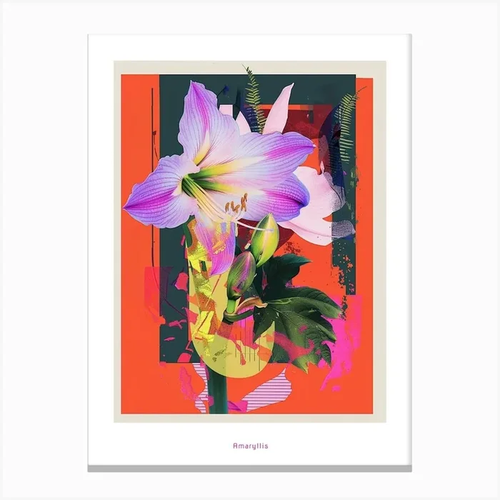 Amaryllis 2 Neon Flower Collage Poster Canvas Print by Botanic Studio