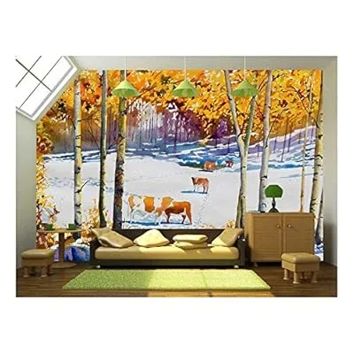 an Original Watercolor Painting, of a Cattle Pasture with an Early Blanket of Snow, in Autumn. – Removable Wall Mural | Self-Adhesive Large Wallpaper – 66×96 inches