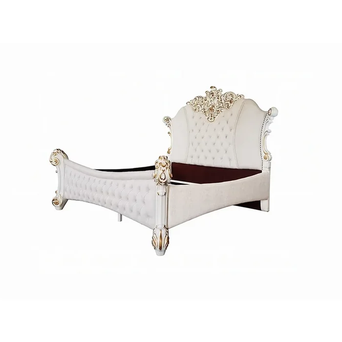 Antoine King Size Bed, Ivory Faux Leather Victorian Carved Pearl White – Benzara