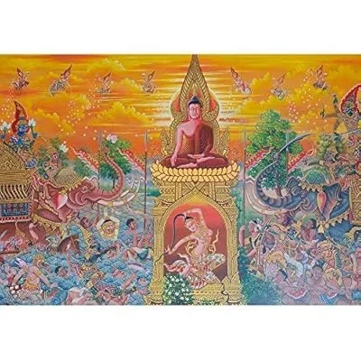 Art Thai, Mural Mythology Buddhist Religion on Wall in Wat Neramit Vipasama, Dansai, Loei, Thailand – Removable Wall Mural | Self-Adhesive Large Wallpaper – 66×96 inches