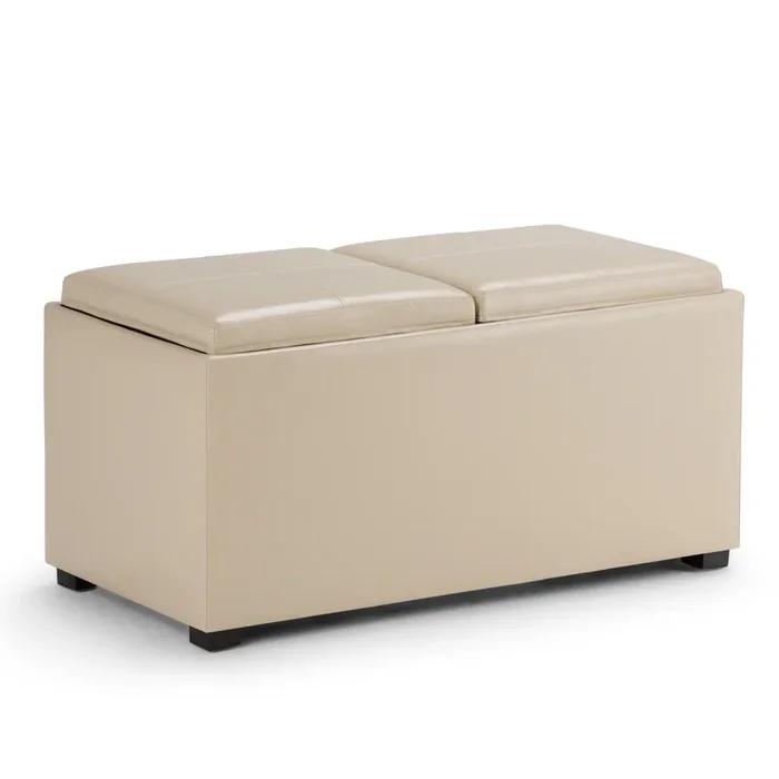 Avalon 35 inch Wide Contemporary Rectangle 5 Pc Storage Ottoman in Satin Cream Vegan Faux Leather, Assembled