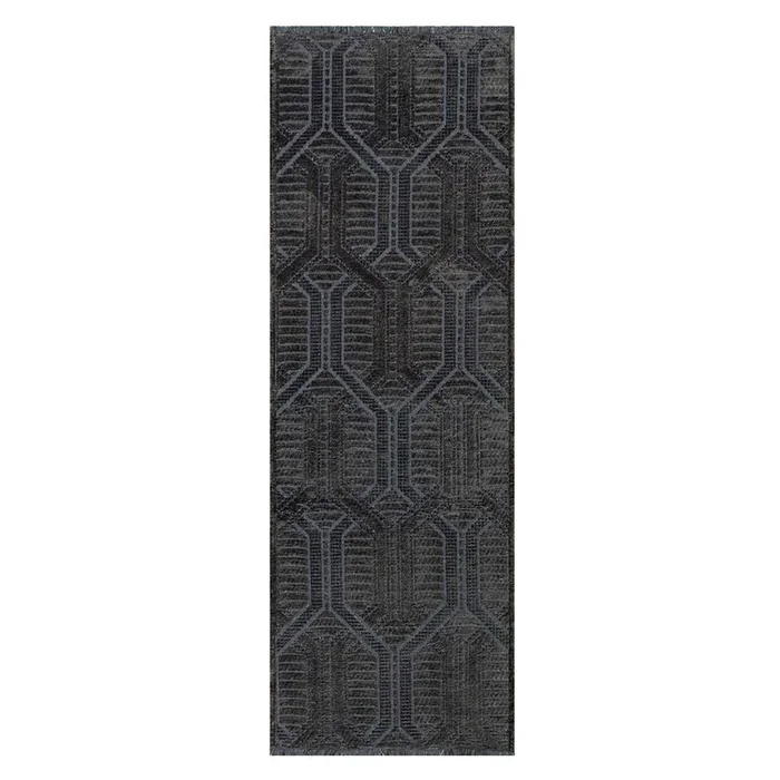 (B867) Crosby St. Kilim Charcoal Geo Matrix Washable Runner, 2×6