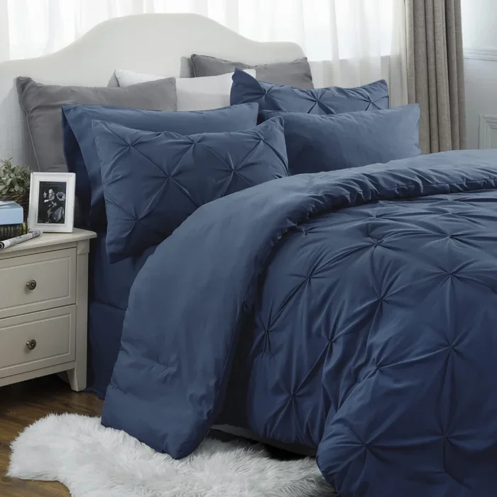 Bedsure King Size Comforter Set – Bedding Set King 7 Pieces, Pintuck Bed in a Bag Navy Blue Bed Set with Comforter, Sheets, Pill