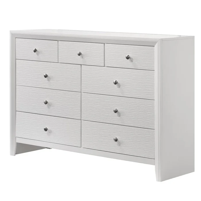 Benjara Eve 55 Inch Wide Dresser with Mirror, 9 Drawers, Metal Handles, Wood, White and Silver