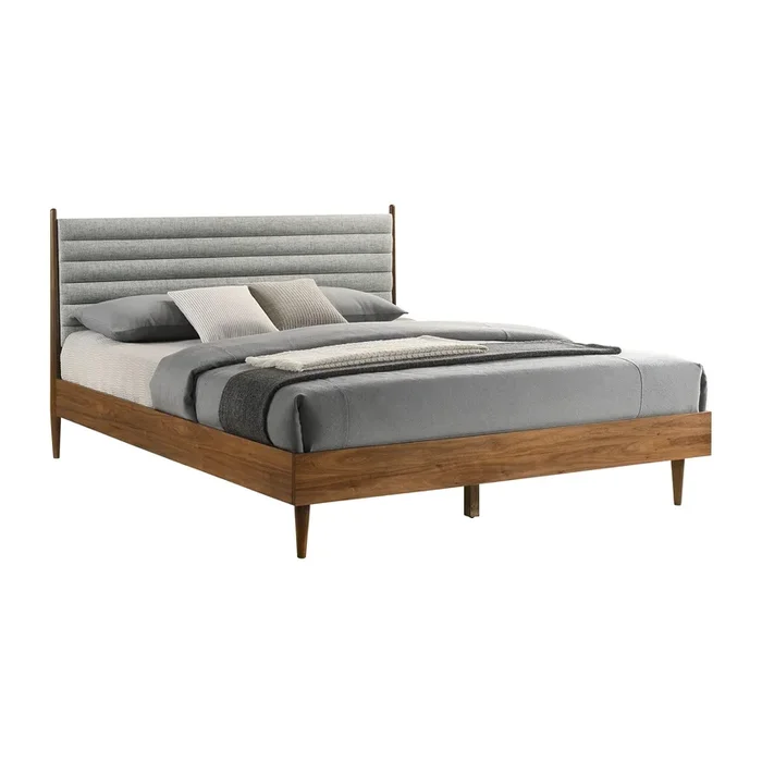 Benjara Mian King Platform Bed Frame, Channel Tufted, Walnut, Upholstery, Brown and Gray
