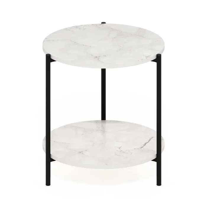 Besi 2-Tier Modern Round Side End Table with Sturdy Metal Legs, Marble White