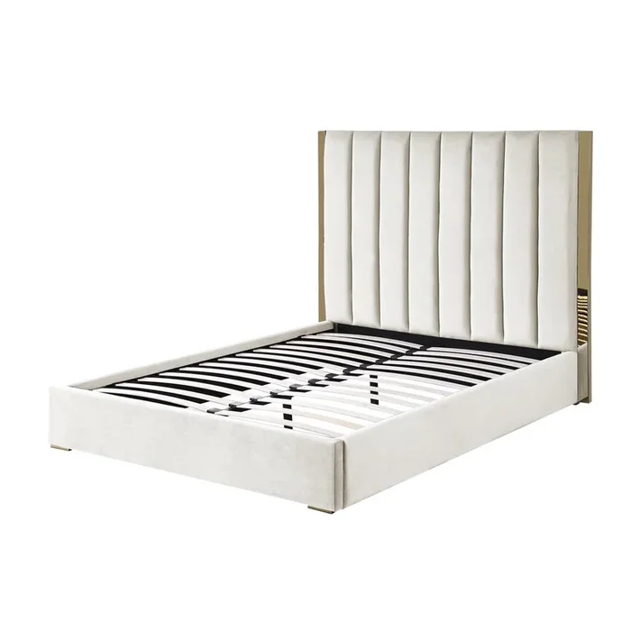 Best Master Furniture Jalen Beige Velvet California King Platform Bed with Gold Accents