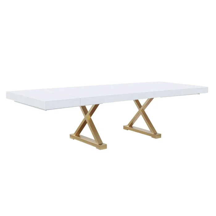 Best Master Furniture Tyrion Rectangle Extendable Modern White Dining Table in Brushed Gold