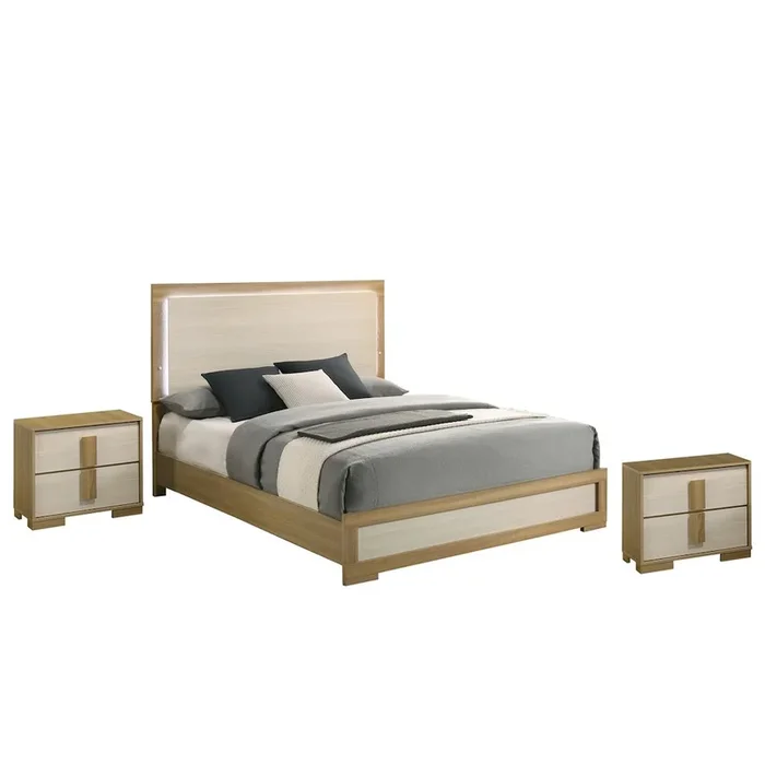 Best Quality Furniture 3 piece – Beige wood bedroom set (bed+2Night stands), Queen