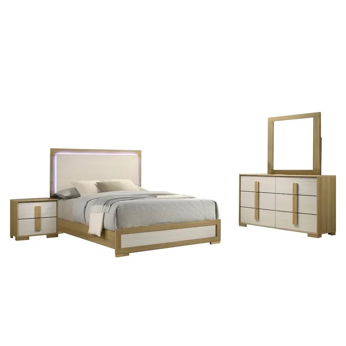 Best Quality Furniture 4 piece – Beige wood bedroom set (Bed+NS+Dresser+Mirror), King