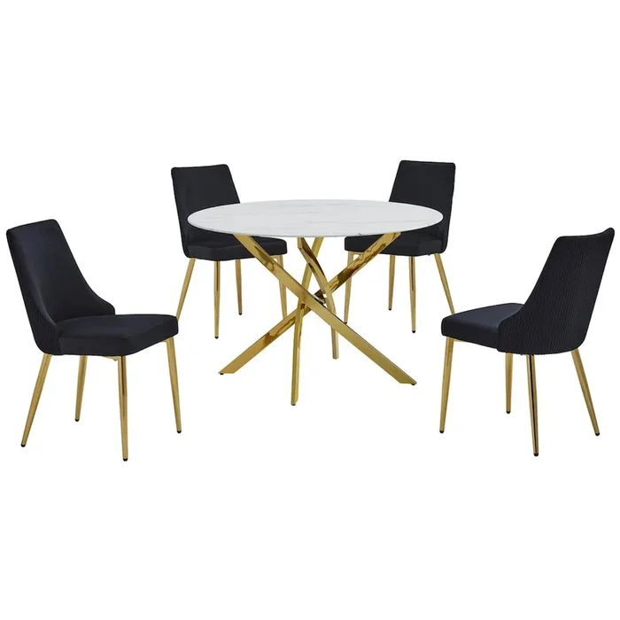 Best Quality Furniture 5Pc Round Marble Wrap Tempered Glass Dining Set With 4 Black Side Chairs