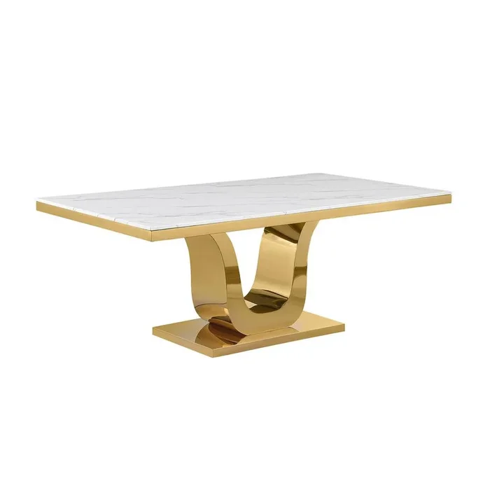 Best Quality Furniture 66 Rectangular marble dining table with a gold color stainless steel base