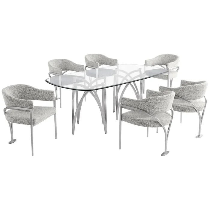 Best Quality Furniture 7Pc Tempered Glass Dining Table Set 6 Rich Gray Matte Silver Side Chairs