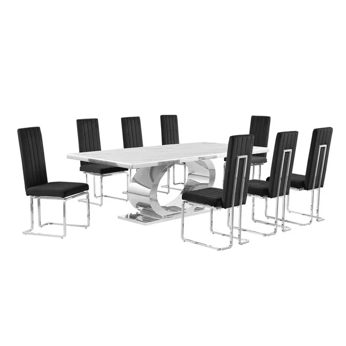 Best Quality Furniture 9pc Large(87) marble top dining set with silver base and 8 Black side chairs
