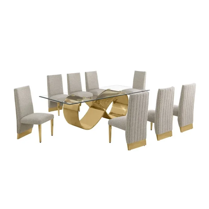 Best Quality Furniture 9Pc Tempered Glass Dining Set With 8 Gray Boucle Chairs And Gold Base