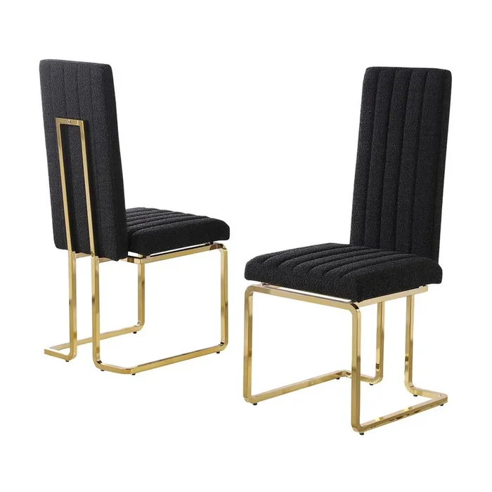 Best Quality Furniture Black Boucle Fabric Gold Chrome Base Tall Back Rest Dining Chairs (Set Of 2)