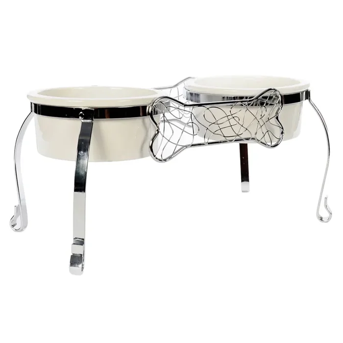 Bistro 4-Cup Bone Off-White Metal Raised Double Pet Feeder