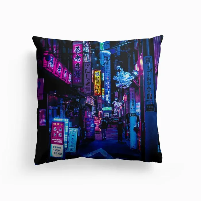 Blue Tokyo Alleys Canvas Cushion by Gypsy In A Spacesuit