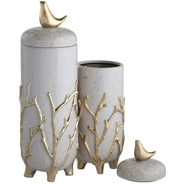 Branches Urn w/Lids, White, Set of 2