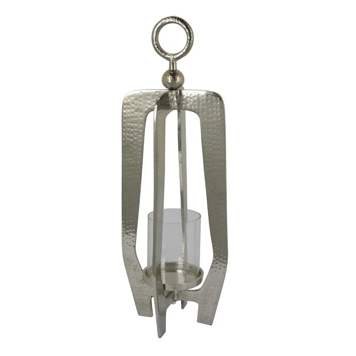 Brie Candle Holder Lantern, 27 Inch, Silver Metal Frame, Glass Shade – Benzara