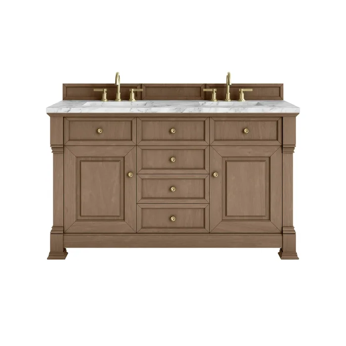 Brookfield 60 ” Double Vanity, Pecan w/3 CM Carrara White Marble Top