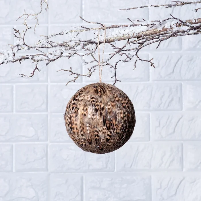 Brown & Black Feather Ball Christmas Ornament with Jute Rope