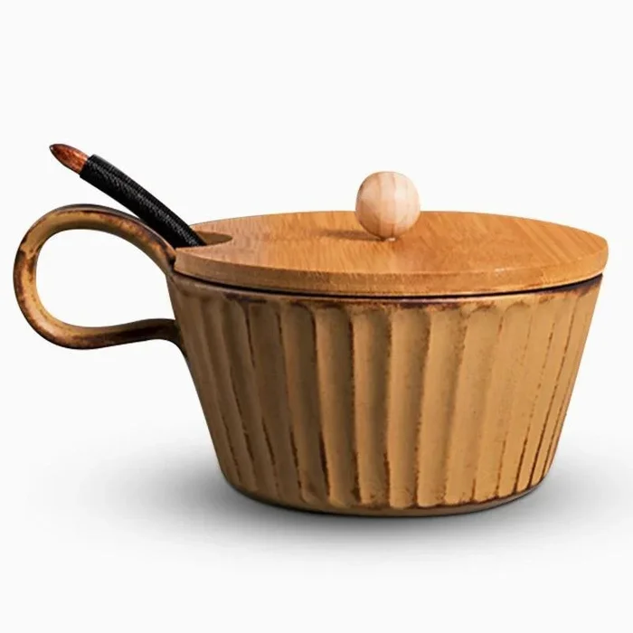 Brown Beige Stoneware Mug Coffee Cup Teacup and Saucer With Lid
