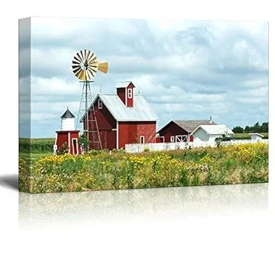 Canvas Prints Wall Art – Beautiful Scenery of Windmill, Barn, Sheds and Fence on a Cloudy Day | Modern Wall Decor/Home Art Stretched Gallery Canvas Wrap Giclee Print & Ready to Hang – 32