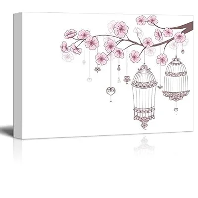 Canvas Prints Wall Art – Cages of Birds on a Blooming Cherry Branch | Modern Wall Decor/Home Art Stretched Gallery Canvas Wrap Giclee Print & Ready to Hang – 24