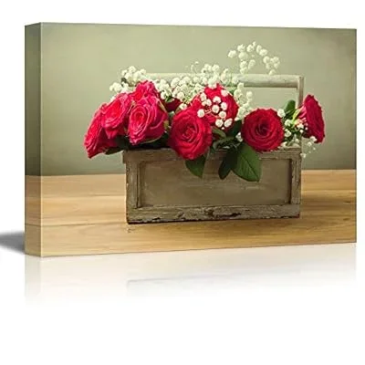 Canvas Prints Wall Art – Red Roses Flower Bouquet in Wooden Box | Modern Wall Decor/Home Decoration Stretched Gallery Canvas Wrap Giclee Print. Ready to Hang – 24