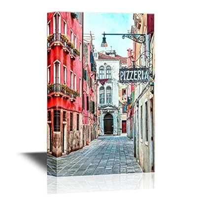 Canvas Wall Art – Quaint Street in Historic Venice, Italy with Pizzeria Sign – Gallery Wrap Modern Home Art | Ready to Hang – 32×48 inches