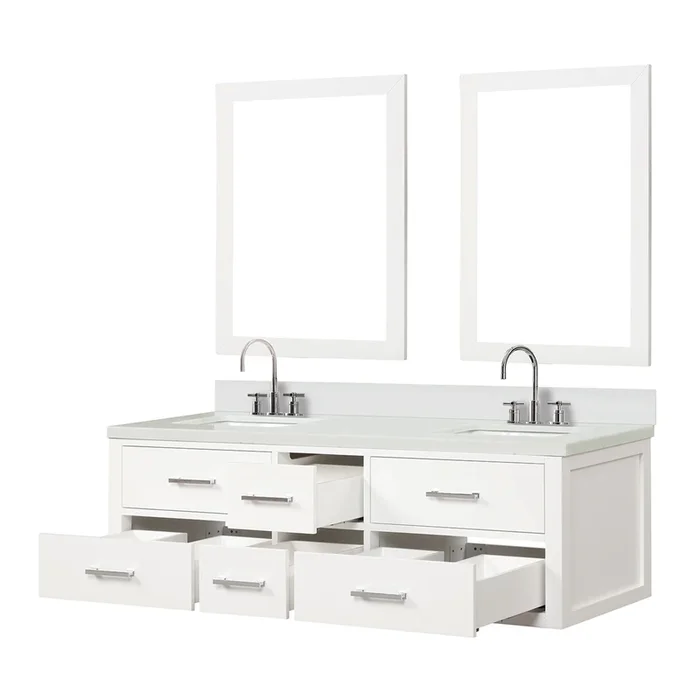 Castor 60 in W x 22 in D White Double Bath Vanity, White Quartz Top, Faucet Set, and 28 in Mirrors