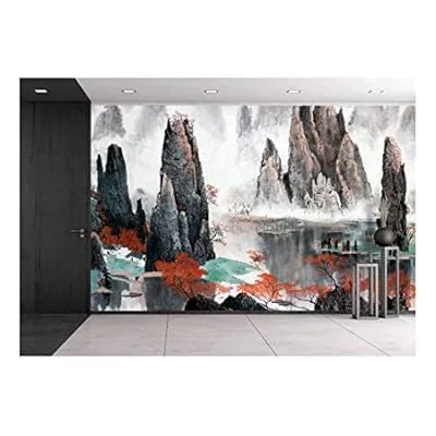 Chinese Landscape Misty Mountains and Water – Removable Wall Mural | Self-Adhesive Large Wallpaper – 100×144 inches