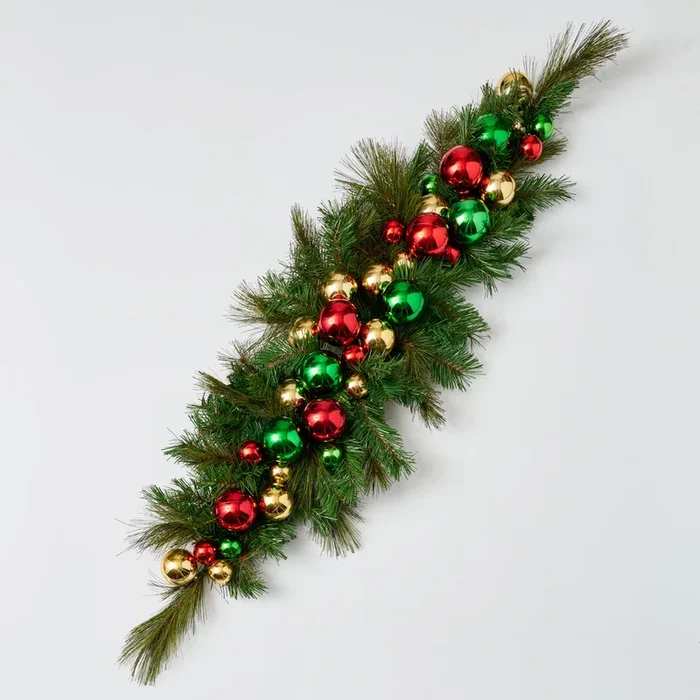 Christmas Celebrations – Red, Green, Gold Ornament Ball & Mixed Pine Long Table Runner Swag