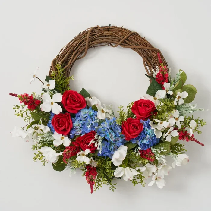 Classic Americana – Red Rose, Blue Hydrangea & White Dogwood Patriotic Summer Front Door Wreath