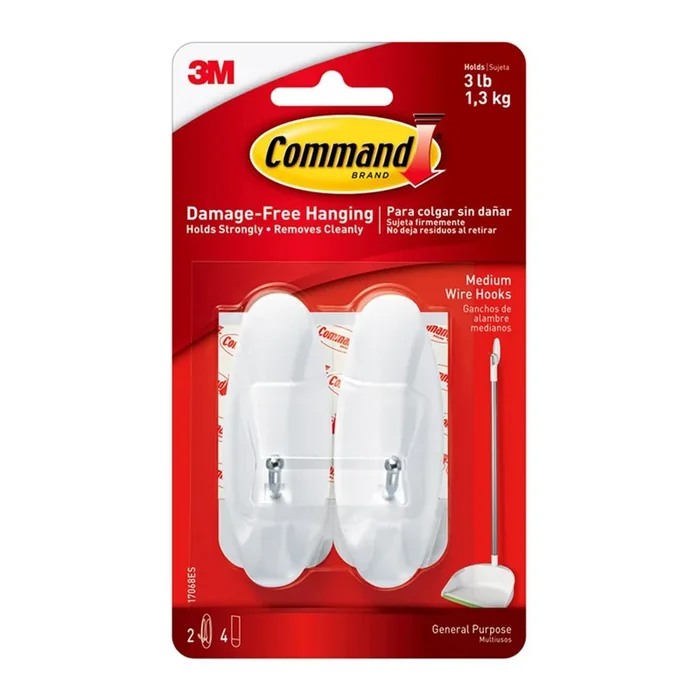 Command Wire Hooks Medium, 2-Hooks, 4-Strips/Pack, White