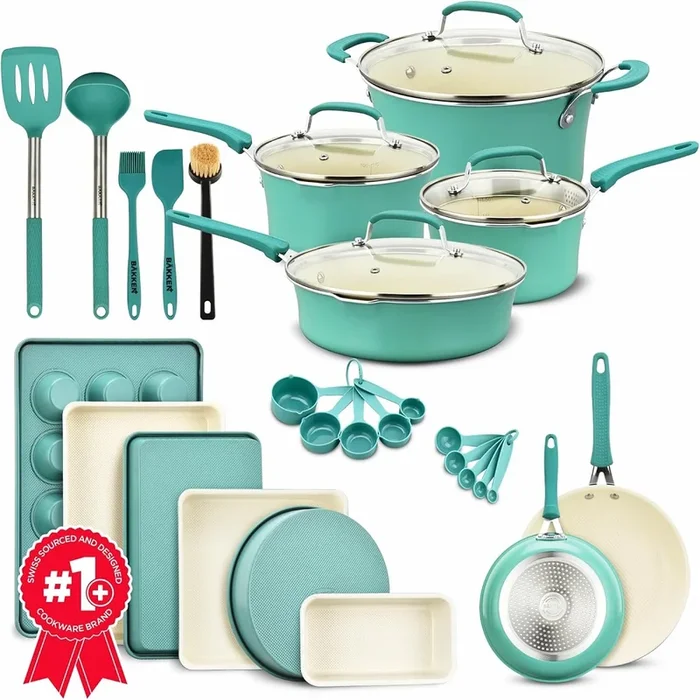 Cookware Set – 23 Piece –Aqua Multi-Sized Cooking Pots with Lids, Skillet Fry Pans and Bakeware – Reinforced Pressed Aluminum Metal – Suitable for Gas, Electric, Ceramic and Induction by BAKKEN Swiss