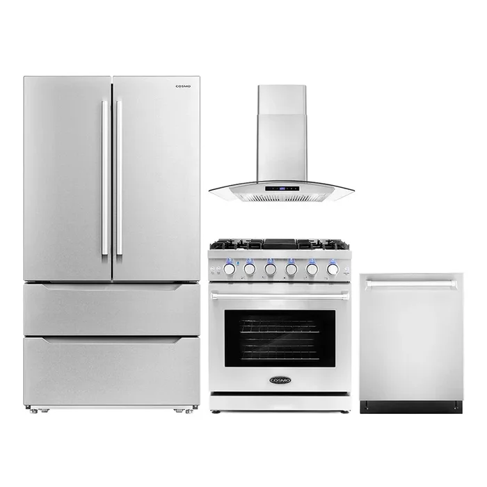 Cosmo Package – 30″ Gas Range, Wall Mount Range Hood, Refrigerator with Ice Maker and Dishwasher, COS-4PKG-237