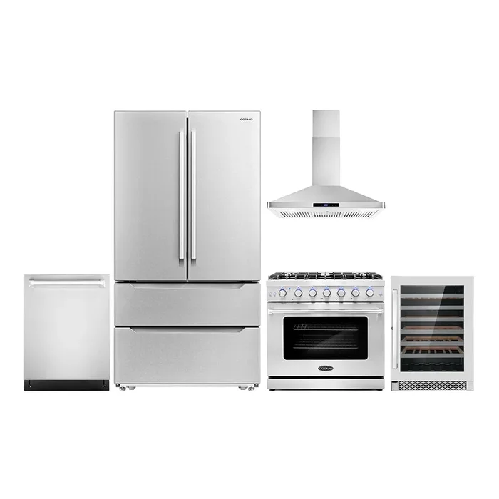 Cosmo Package – 36″ Gas Range, Wall Mount Range Hood, Dishwasher, Refrigerator with Ice Maker and Wine Cooler, COS-5PKG-207