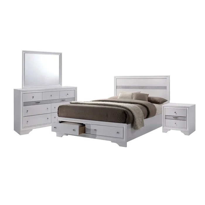 Crissi 4 Pc King Bedroom Set, Panel Design, Silver Accents, White – Benzara