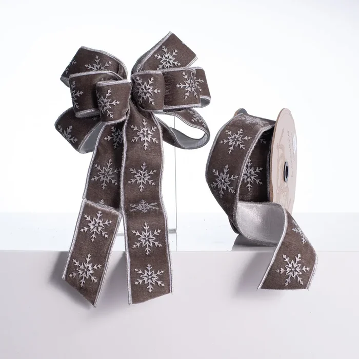 D. Stevens Grey & Silver Glitter Snowflake Velvet Holiday Wired Bow & Spool of Ribbon