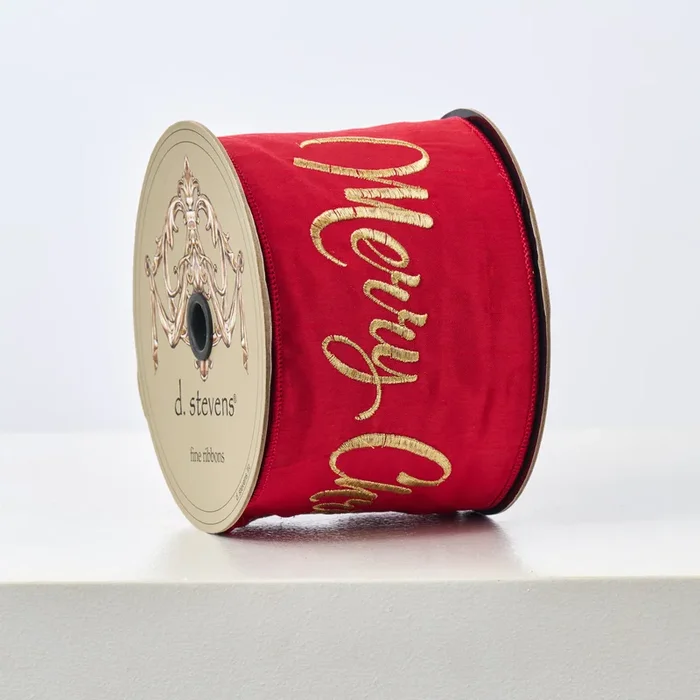 D. Stevens Red & Gold Dupion Merry Christmas Embroidered Wired Ribbon Spool
