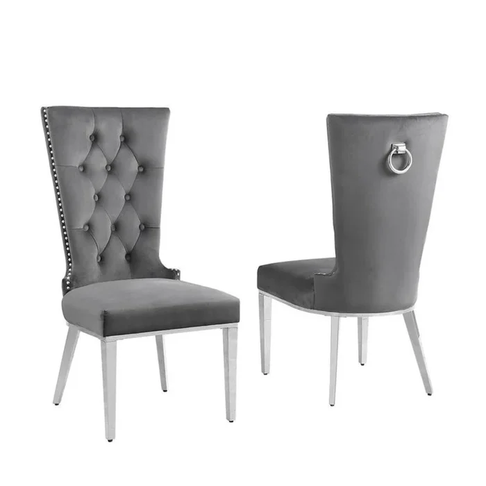 Dark Gray velvet side chair with silver stainless steel base – Set of 2