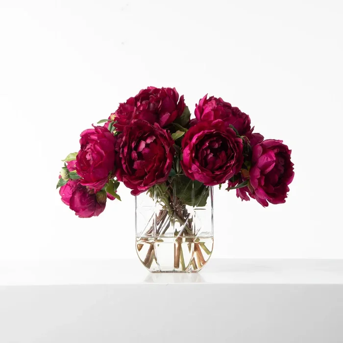 Dark Magenta Lifelike Silk Peony Bloom Water Illusion Arrangement In Cut Glass Geometric Vase