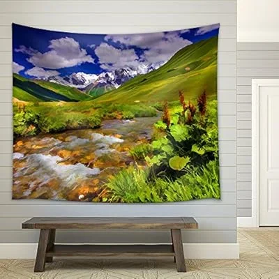 Digital Artwork in Watercolor Painting Style. Fantastic Landscape with a River in The Mountains. – Fabric Wall Tapestry Home Decor – 68×80 inches