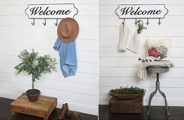 Distressed Enamel Welcome Sign Wall Rack – Chippy Farmhouse – Decor Steals
