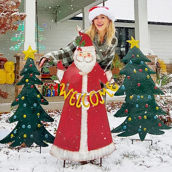 Distressed Outdoor Metal Santa with Welcome Sign Yard Stake – Decor Steals
